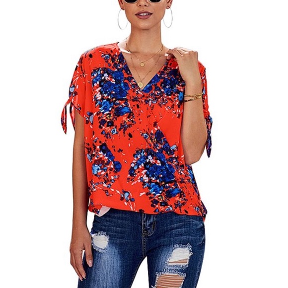Red Floral Tie-Sleeve Surplice Top - Picture 2 of 5